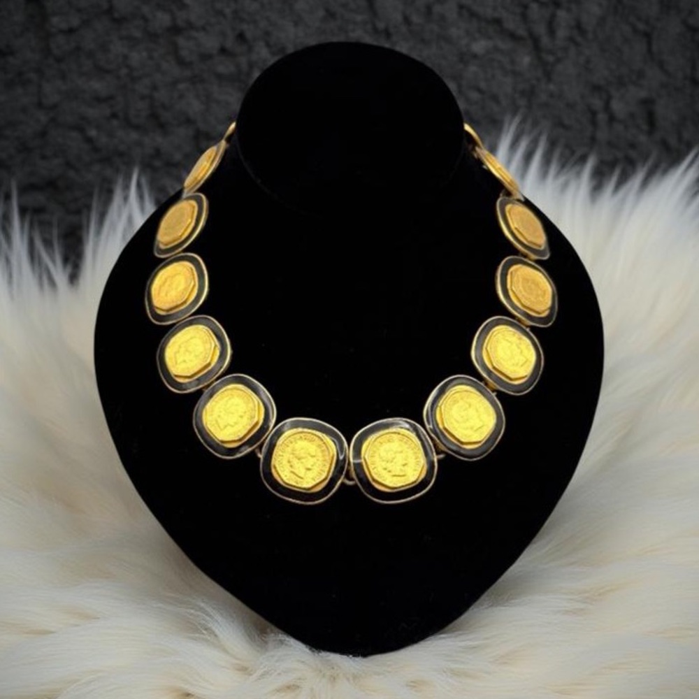 Vintage Gold Tone Confoederatio Helvetica Coin Statement Necklace – Collar 17”